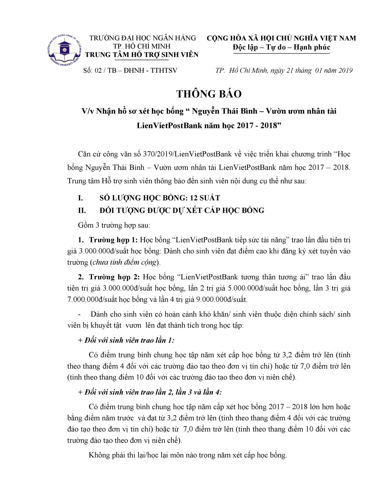 Thông báo V/v nhận hồ sơ xét học bổng “Nguyễn Thái Bình – Vườn ươm nhân tài LienVietPostBank năm học 2017 - 2018”